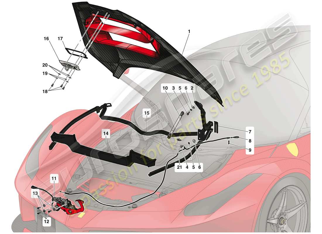ferrari laferrari (usa) tapa delantera y mecanismo de liberación diagrama de piezas