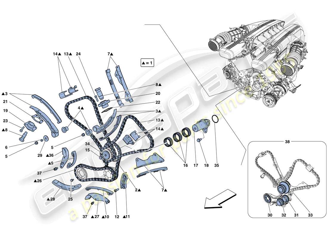 ferrari f12 berlinetta (rhd) sistema de distribución - diagrama de piezas de transmisión