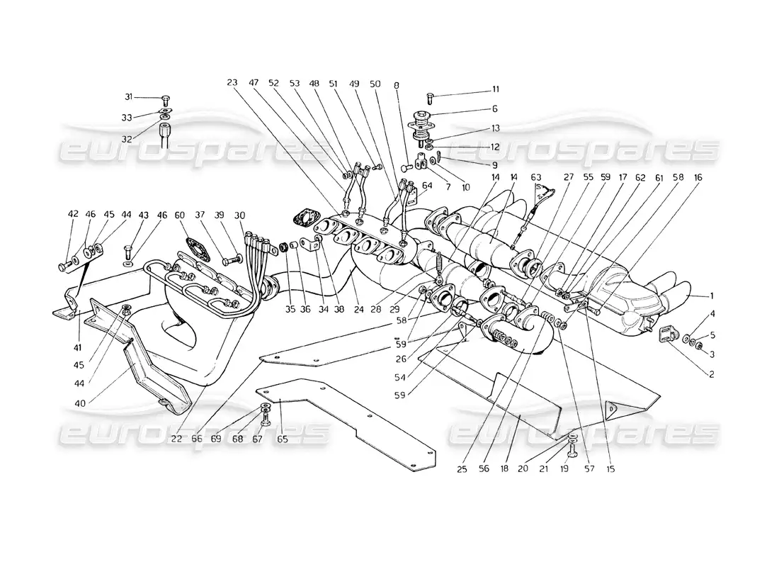 ferrari 308 gt4 dino (1979) sistema de escape (variantes para ee. uu. - versión aus y j) diagrama de piezas