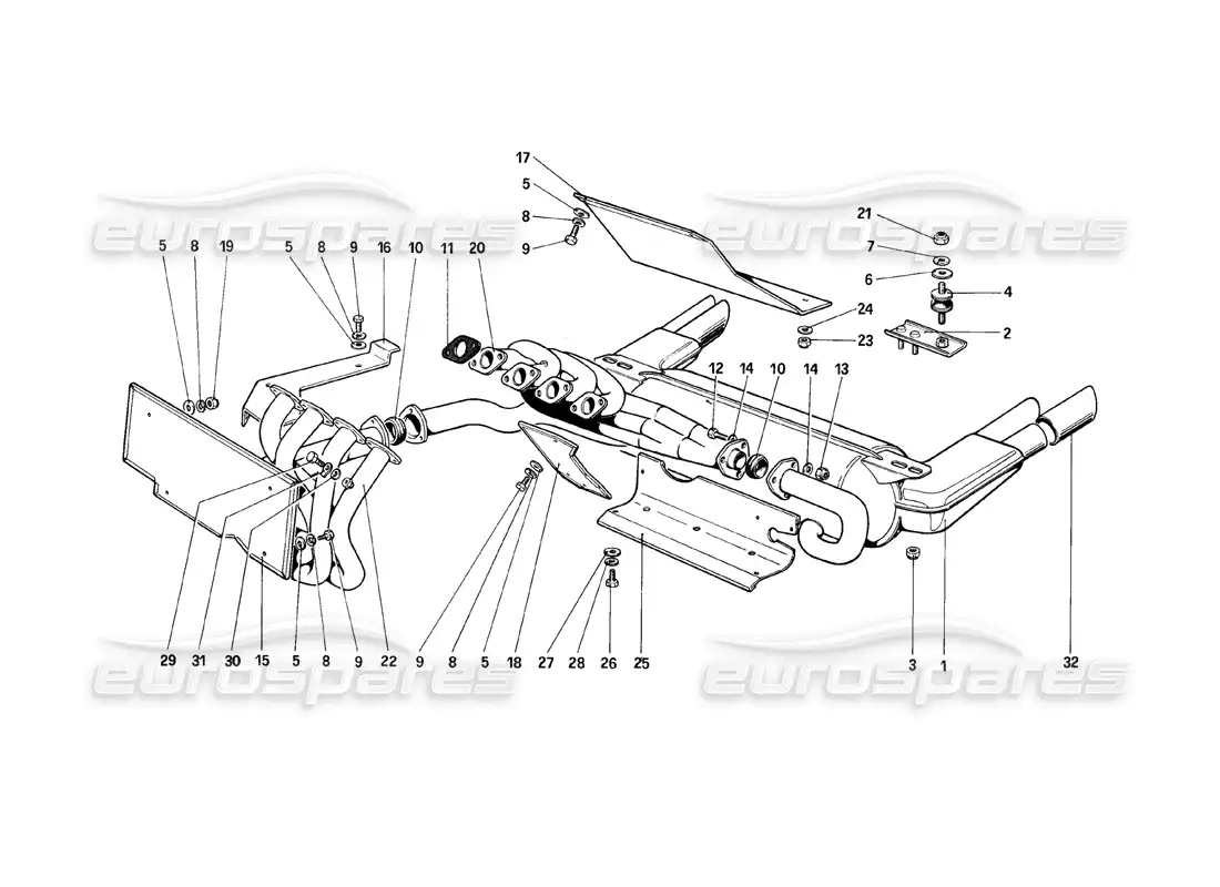 ferrari mondial 8 (1981) sistema de escape diagrama de piezas