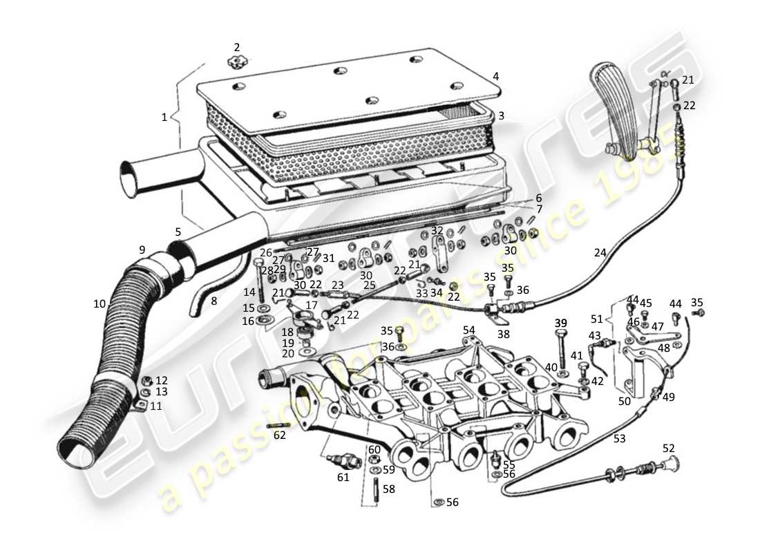 maserati kyalami colector de admisión de aire y filtro. diagrama de piezas