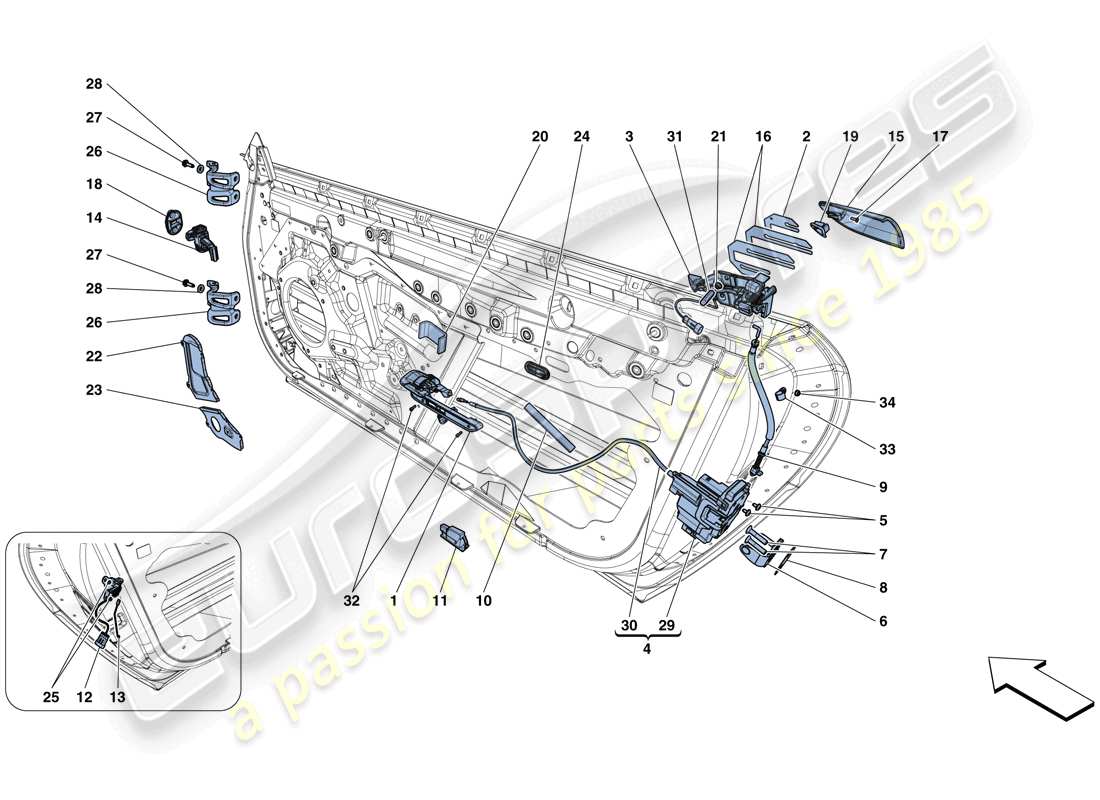 ferrari gtc4 lusso (usa) puertas - mecanismos de apertura y bisagras esquema de piezas