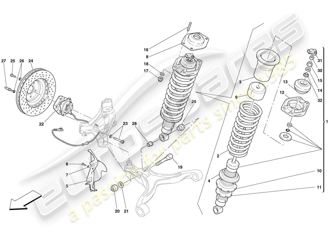 ferrari 599 sa aperta (rhd) suspensión delantera - amortiguador y disco de freno diagrama de piezas
