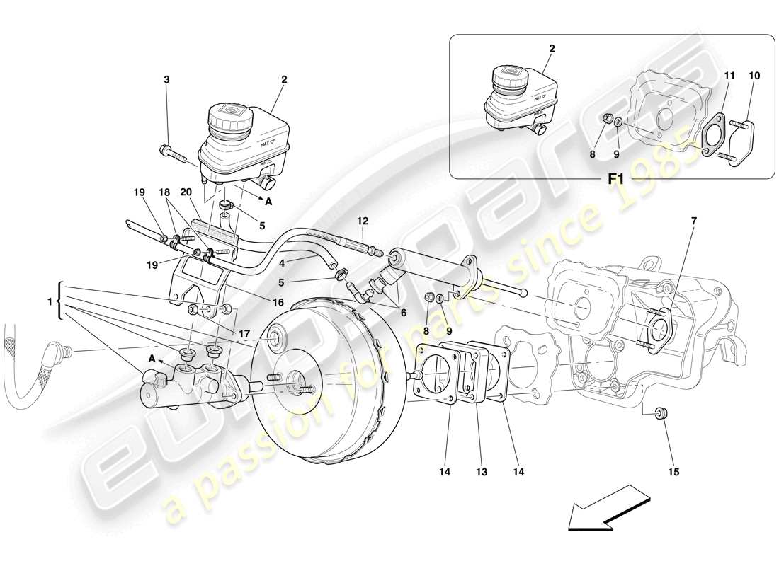 ferrari 599 gtb fiorano (rhd) control de freno y embrague hidráulico diagrama de piezas