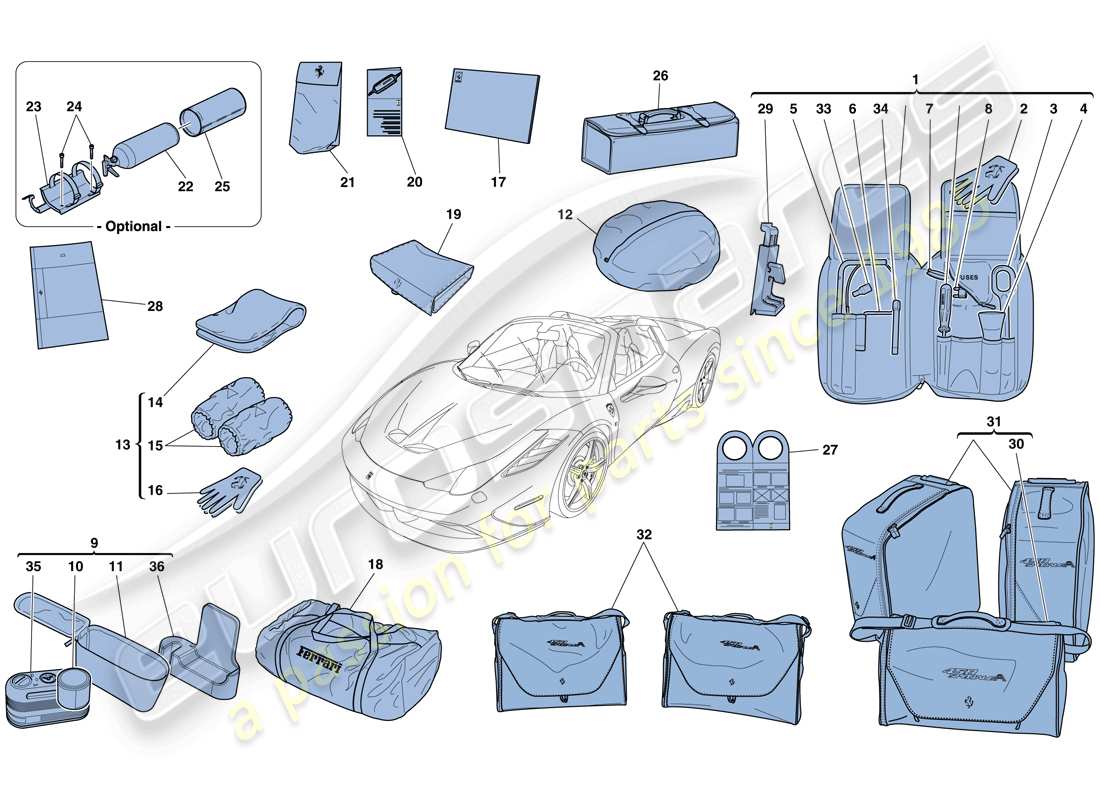 ferrari 458 speciale aperta (usa) herramientas y accesorios suministrados con el vehículo diagrama de piezas