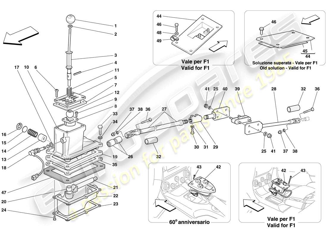 ferrari 612 scaglietti (europe) controles externos de la caja de cambios diagrama de piezas