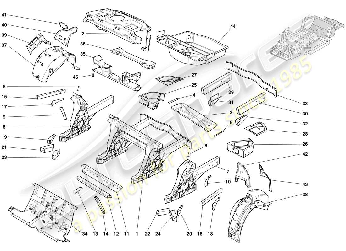 ferrari 612 scaglietti (usa) estructuras y elementos trasero del vehículo esquema de piezas