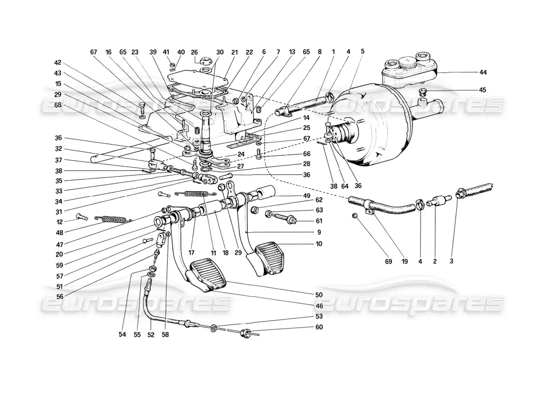 ferrari 308 (1981) gtbi/gtsi tablero de pedales - controles de freno y embrague diagrama de piezas