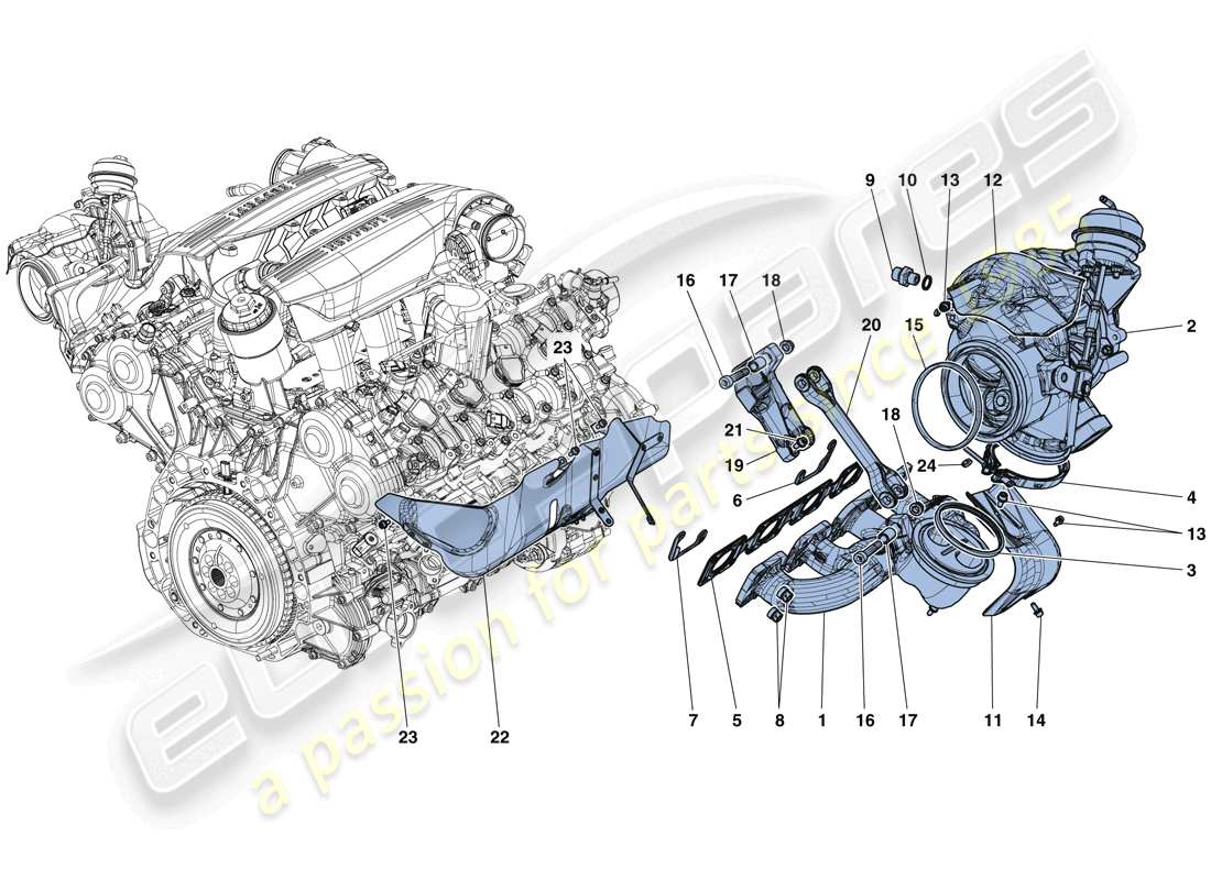 ferrari 488 gtb (rhd) colectores, sistema de turboalimentación y tuberías diagrama de piezas