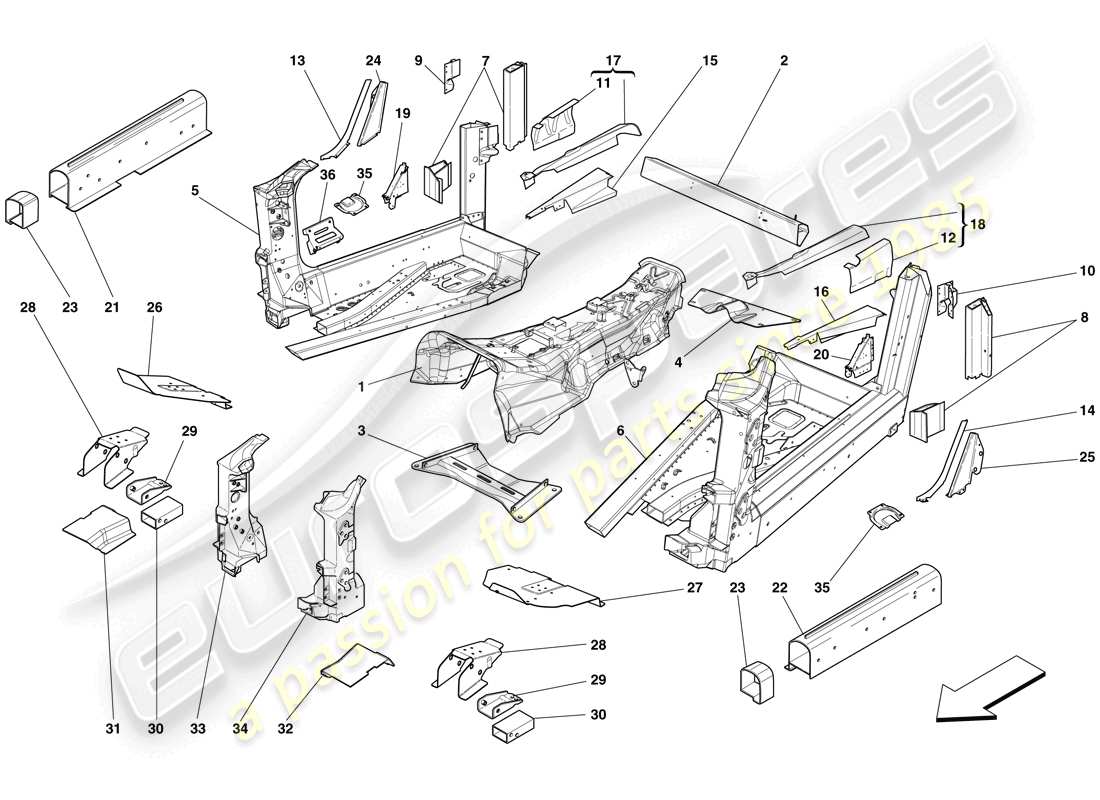 ferrari 599 sa aperta (rhd) estructuras y elementos del centro del vehículo diagrama de partes