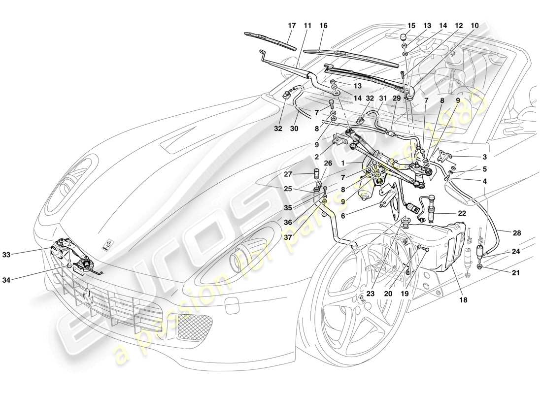 ferrari 599 sa aperta (rhd) limpiaparabrisas, arandela y bocina diagrama de piezas
