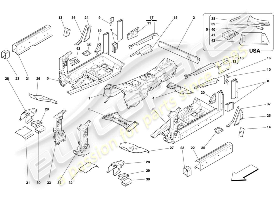 ferrari 599 gtb fiorano (usa) estructuras y elementos del centro del vehículo diagrama de partes