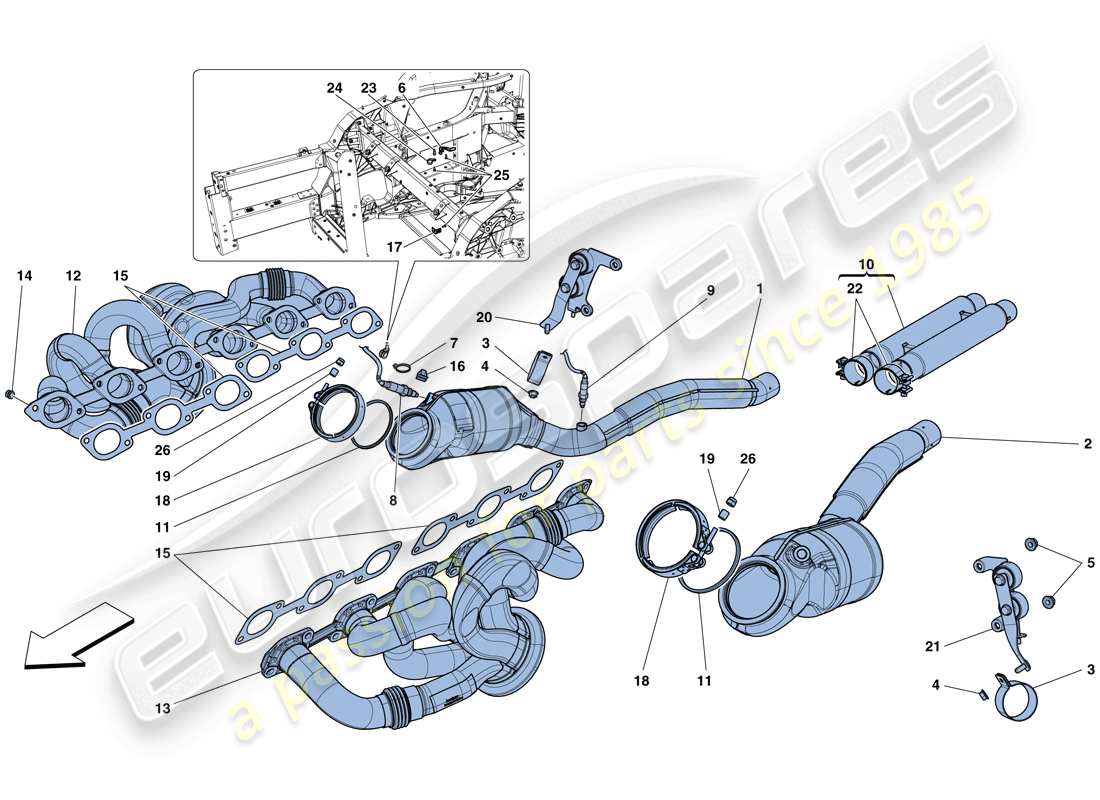 ferrari f12 tdf (usa) convertidores precatalíticos y convertidores catalíticos. diagrama de piezas