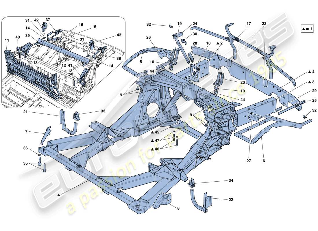 ferrari 488 spider (rhd) chasis - estructura, elementos traseros y paneles esquema de piezas