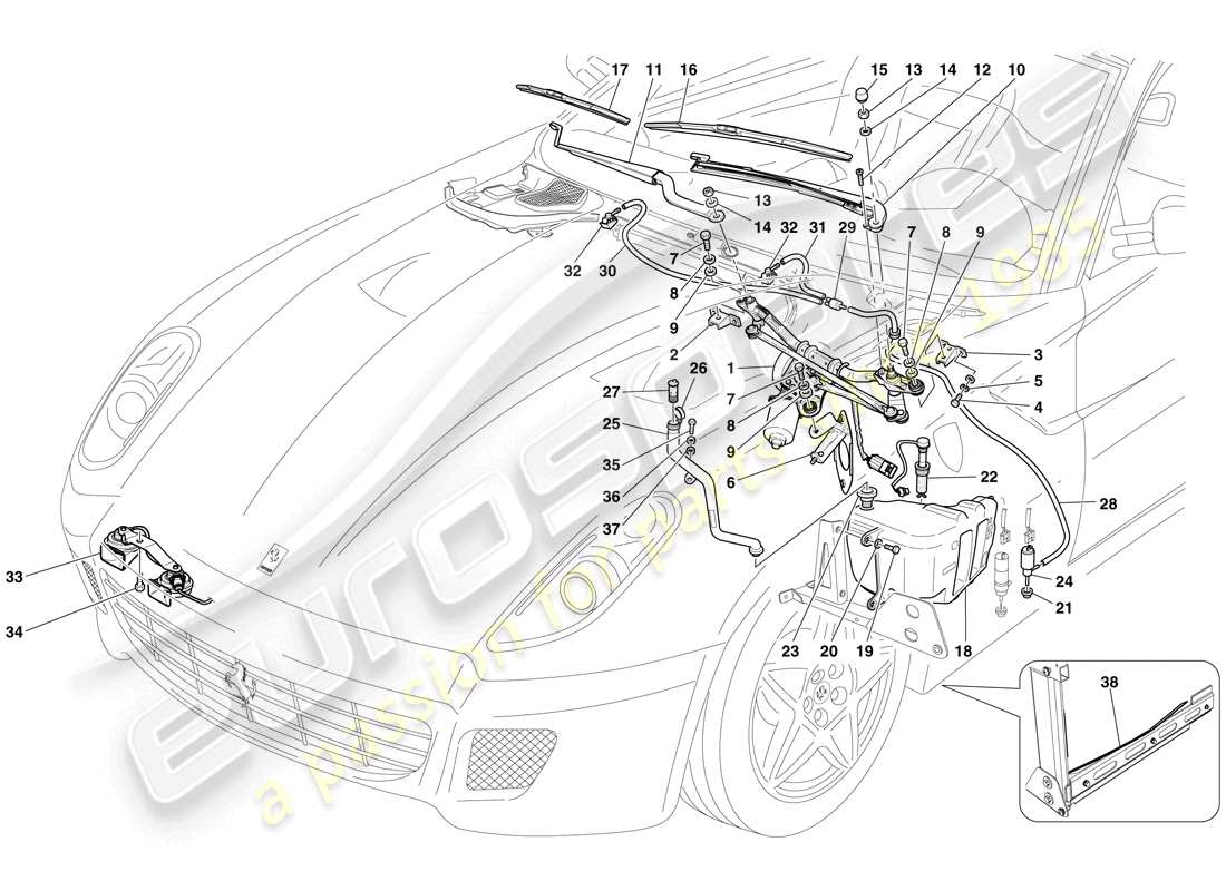 ferrari 599 gtb fiorano (europe) limpiaparabrisas, arandela y bocina diagrama de piezas