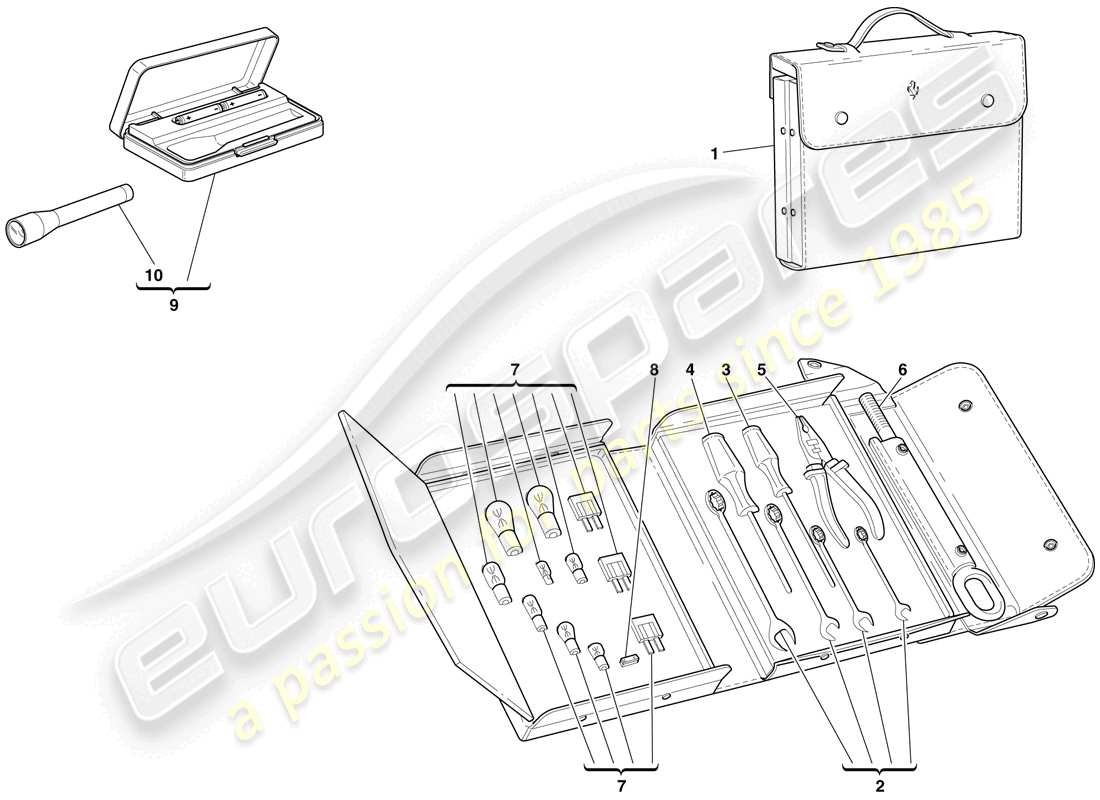 ferrari 612 scaglietti (rhd) herramientas proporcionadas con el vehículo diagrama de piezas
