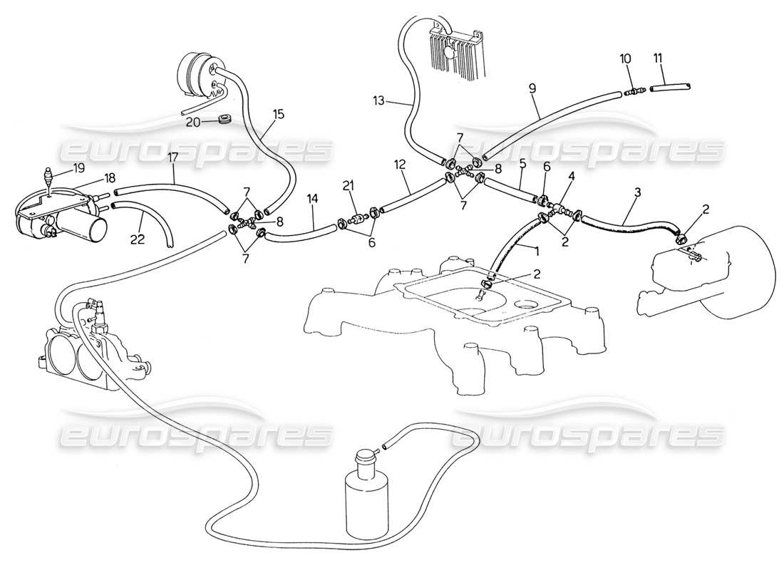 maserati 222 / 222e biturbo diagrama de piezas del sistema de evaporación (dirección izquierda con sonda lambda)