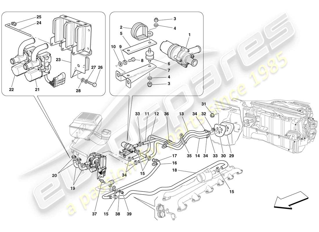 ferrari 612 sessanta (rhd) sistema de ca - tuberías de agua diagrama de piezas