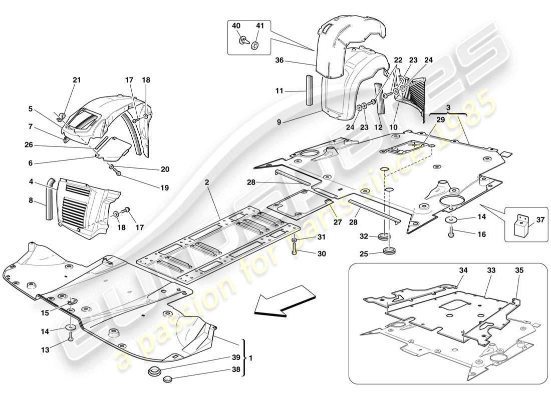 ferrari f430 spider (europe) bandeja inferior plana y ruedas diagrama de piezas