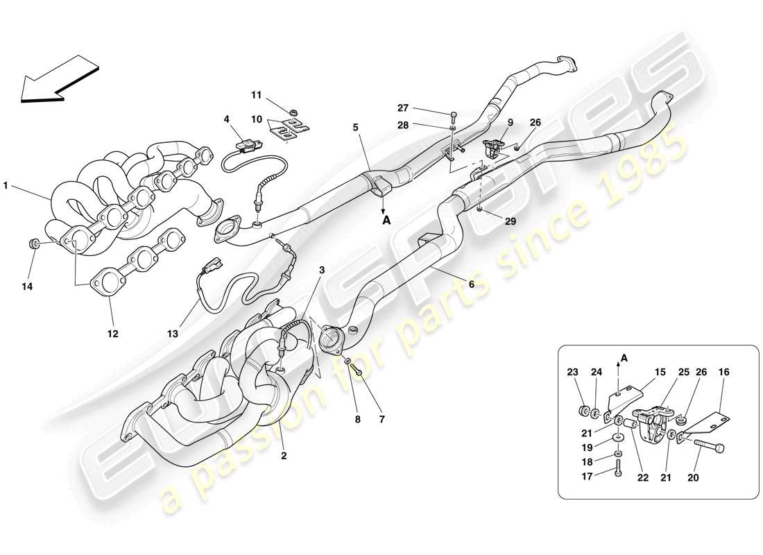 ferrari 599 sa aperta (rhd) sistema de escape delantero diagrama de piezas