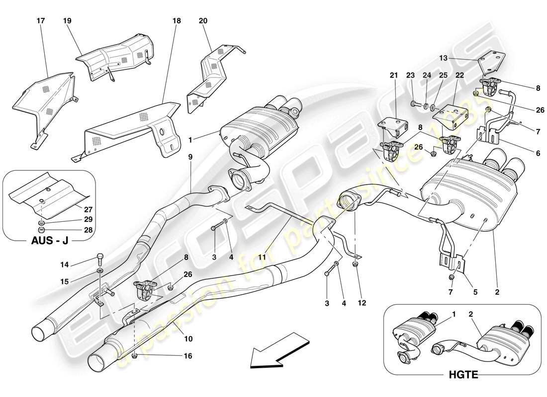ferrari 599 gtb fiorano (europe) diagrama de piezas del sistema de escape trasero