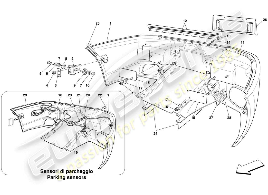 ferrari 599 gtb fiorano (rhd) parachoques trasero diagrama de piezas