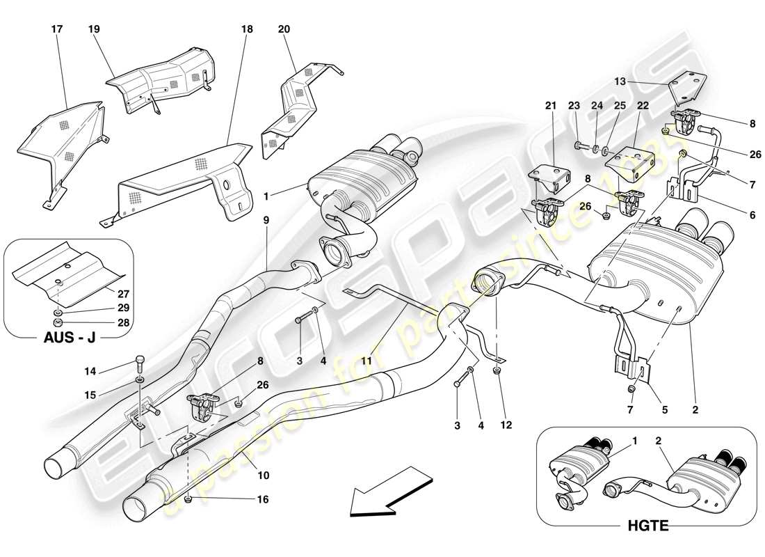 ferrari 599 gtb fiorano (rhd) sistema de escape trasero diagrama de piezas