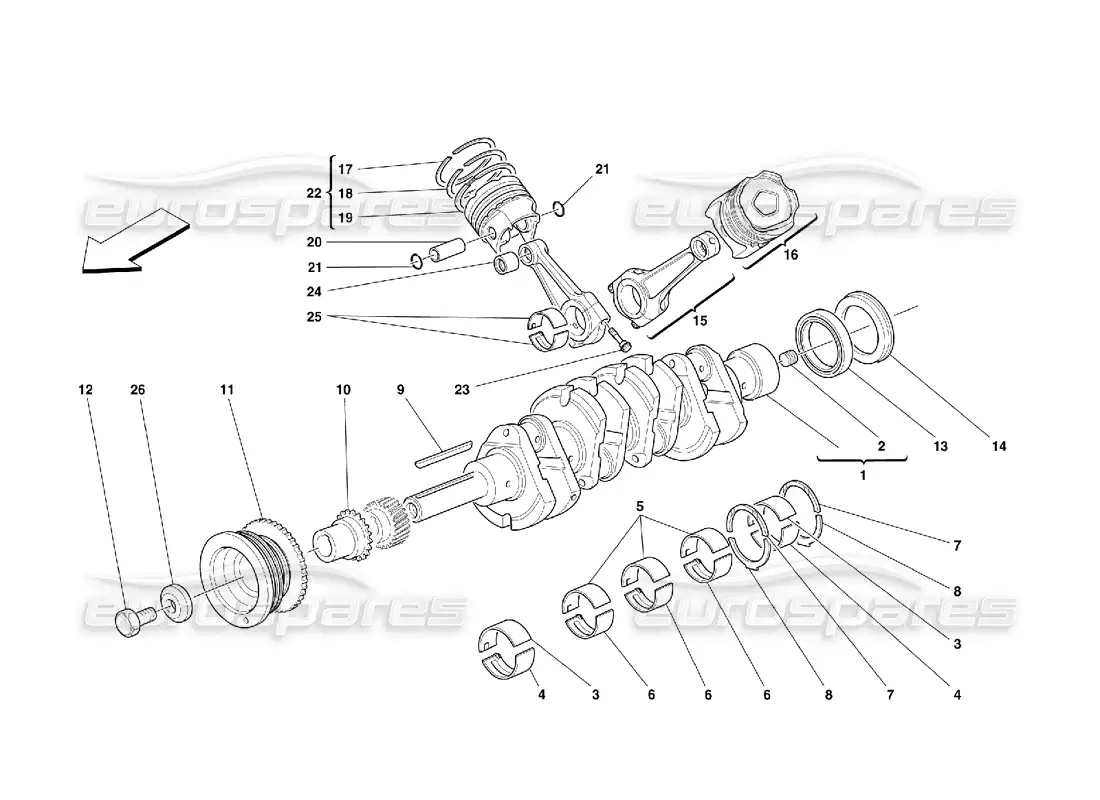 ferrari 355 (5.2 motronic) cigüeñal, bielas y pistones diagrama de piezas