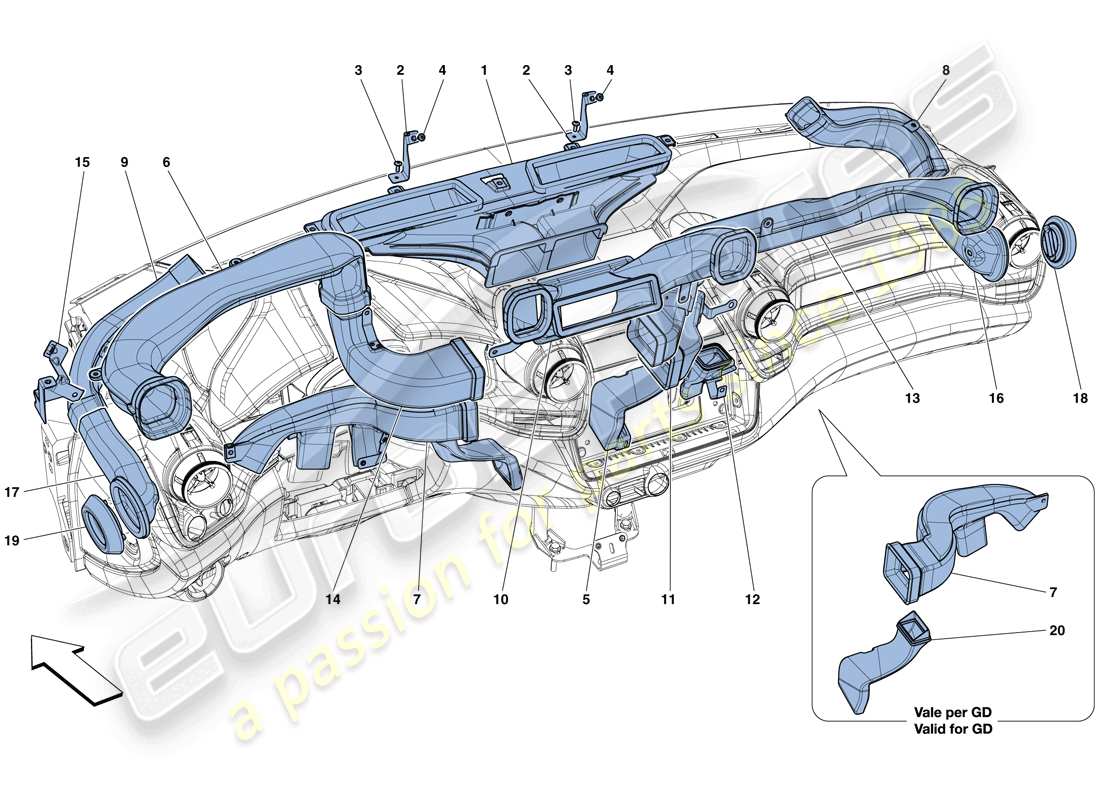 ferrari gtc4 lusso t (europe) conductos de aire del tablero diagrama de piezas