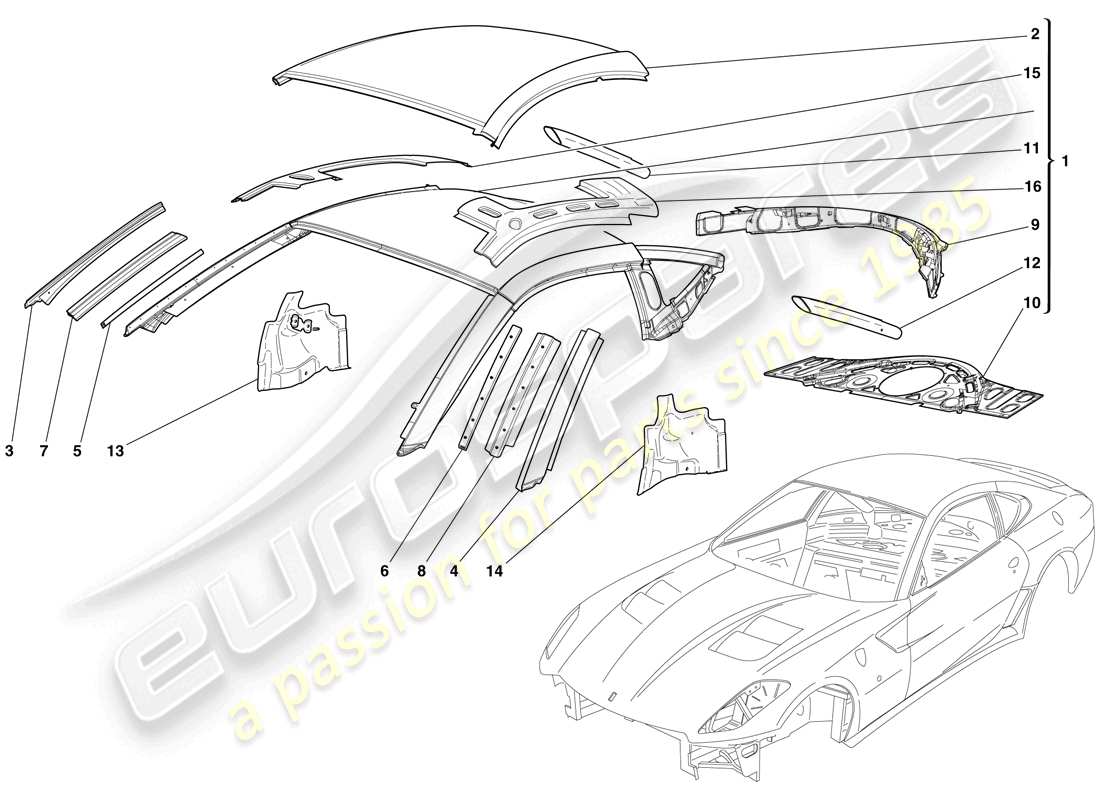 ferrari 599 gto (rhd) carroceria - techo diagrama de piezas