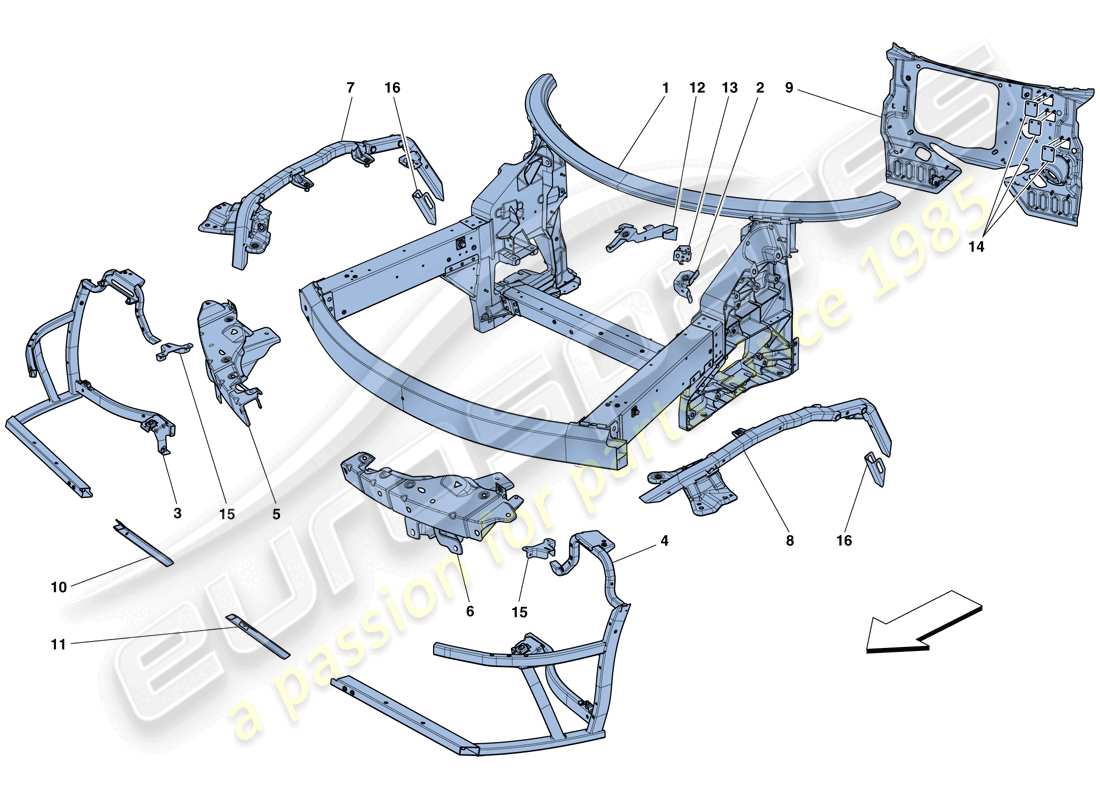 ferrari 458 speciale (rhd) chasis - estructura frontal completa y paneles diagrama de piezas