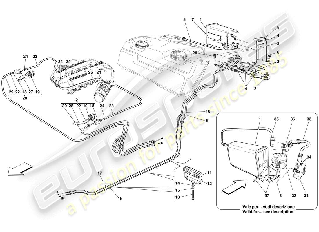 ferrari 599 gto (usa) sistema de control de emisiones evaporativas diagrama de piezas