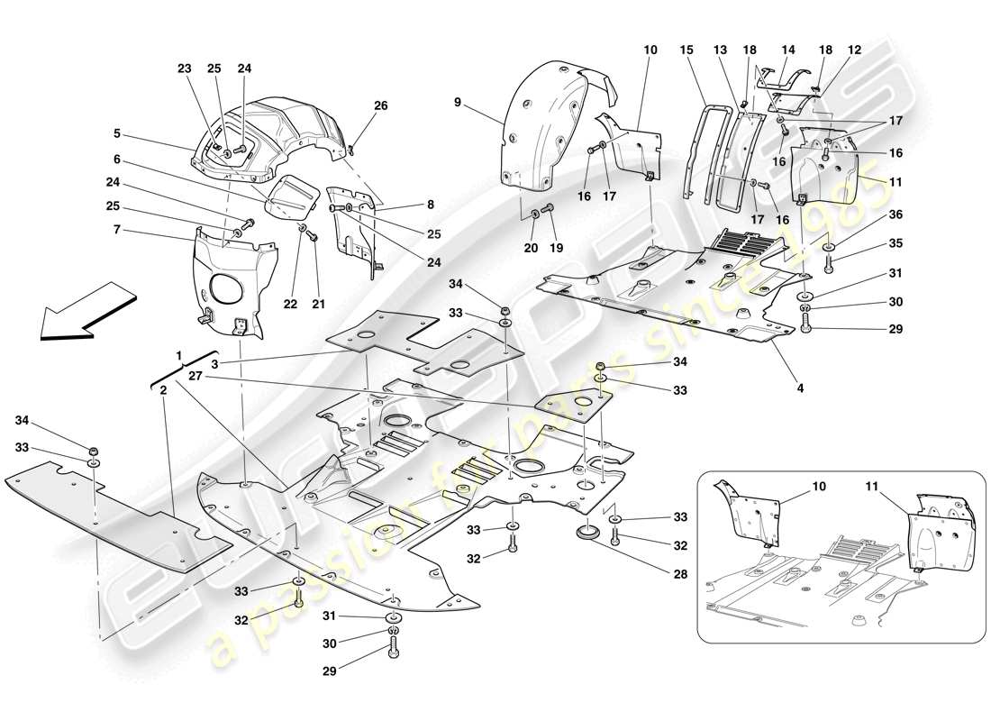ferrari 612 sessanta (rhd) plato inferior plano y ruedas diagrama de piezas