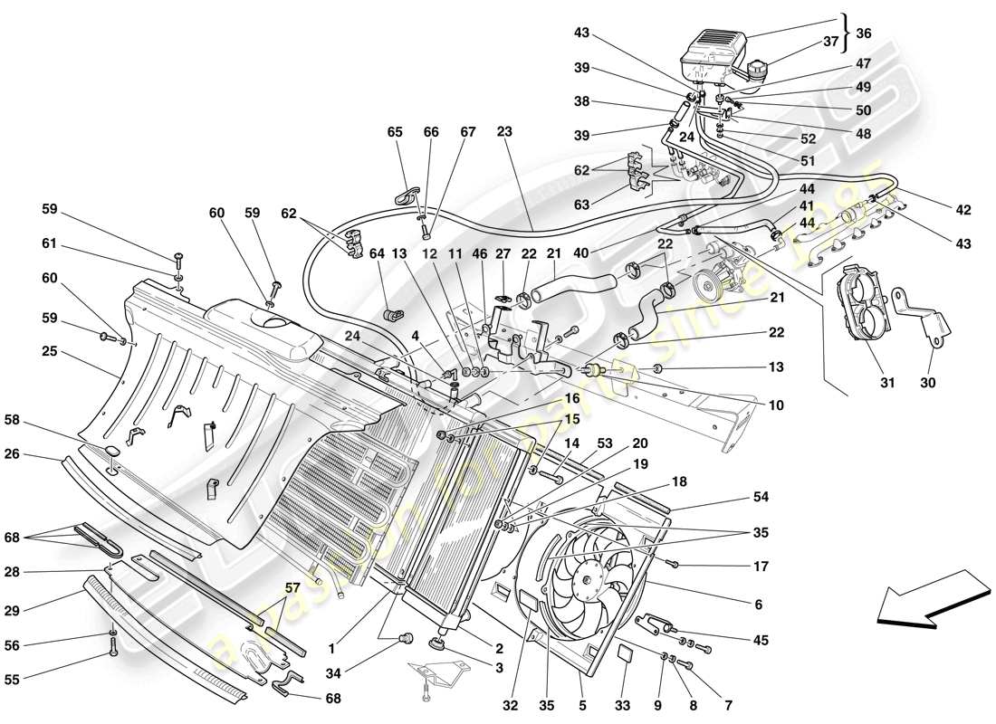 ferrari 612 sessanta (rhd) sistema de enfriamiento - radiador y tanque colector diagrama de piezas
