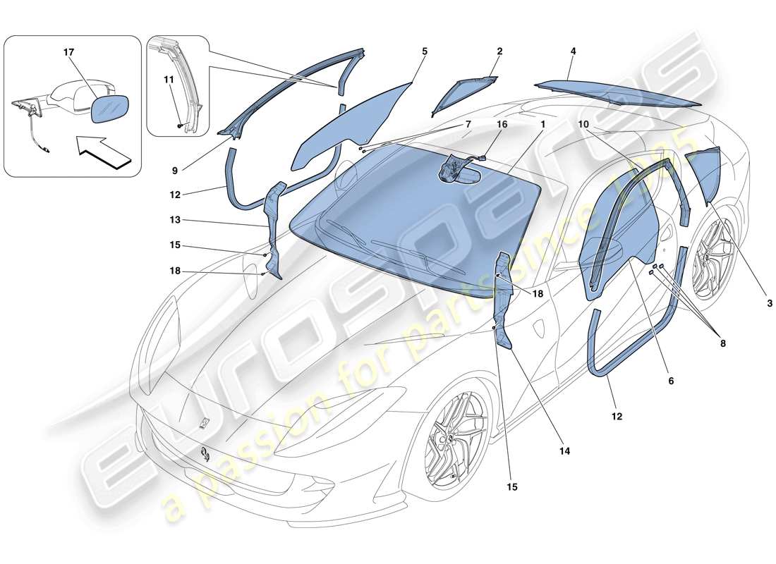 ferrari 812 superfast (europe) pantallas, ventanas y juntas diagrama de piezas