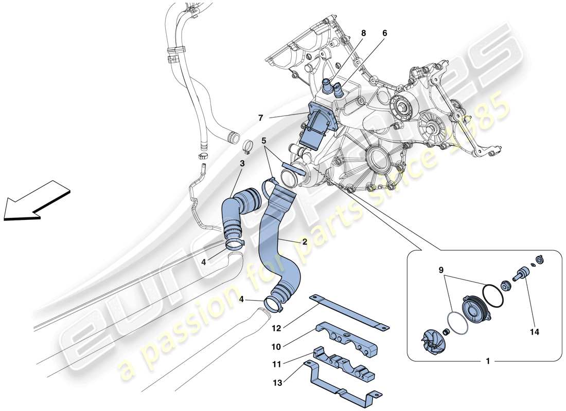 ferrari 458 speciale aperta (rhd) enfriamiento - diagrama de piezas de la bomba de agua