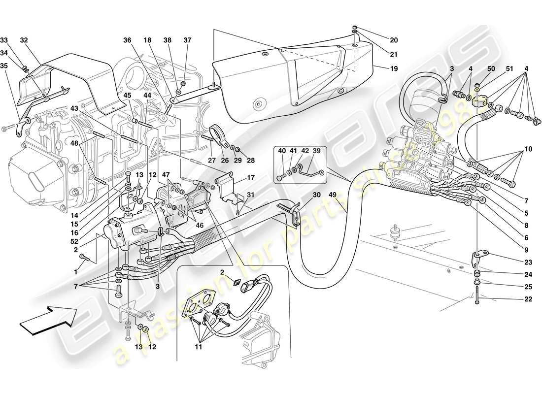 ferrari f430 coupe (rhd) f1 diagrama de piezas del control hidráulico de la caja de cambios y del embrague