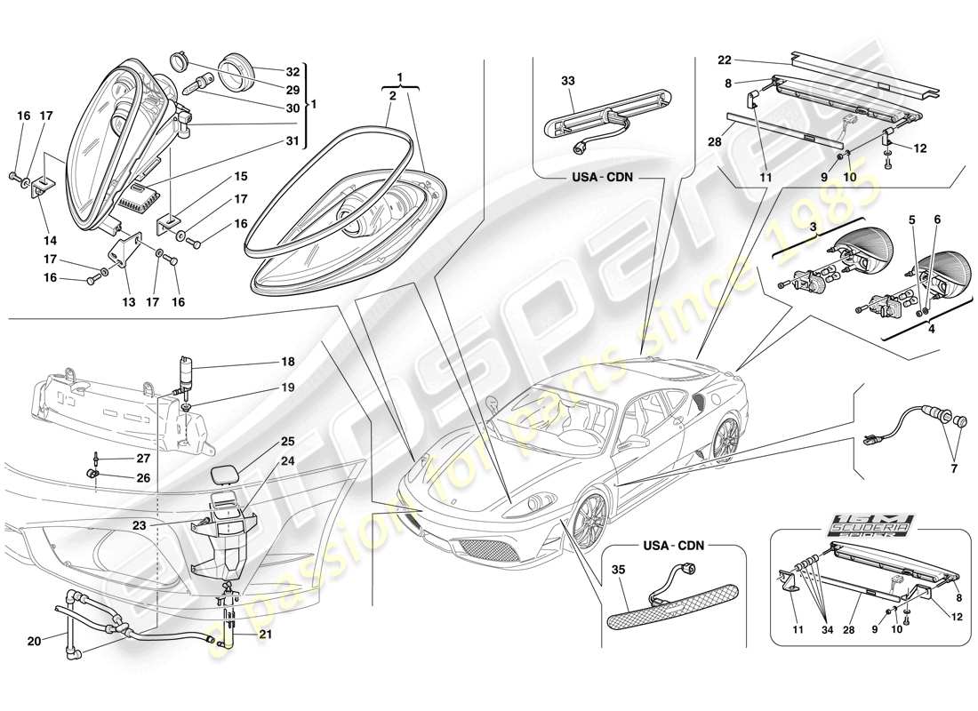 ferrari f430 scuderia (rhd) diagrama de piezas de faros y luces traseras