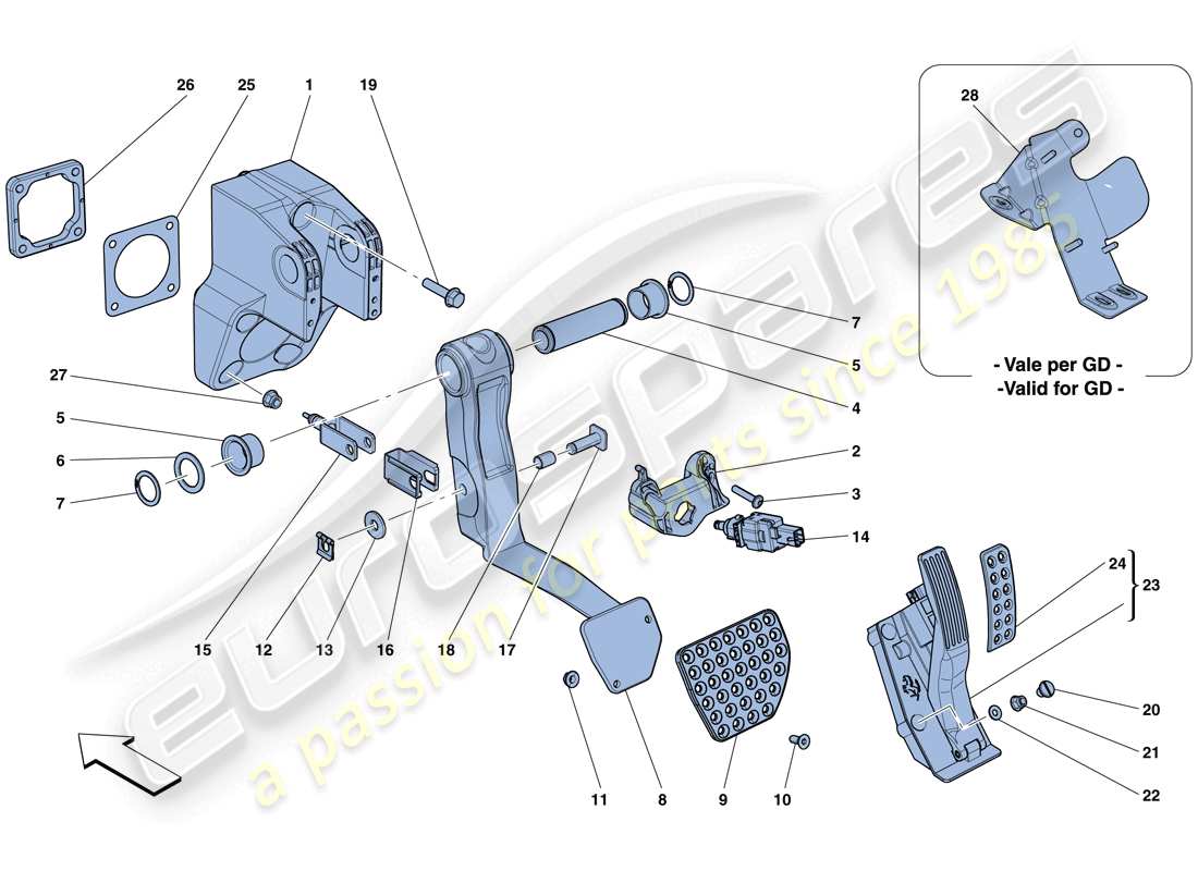 ferrari f12 tdf (rhd) conjunto completo del pedal diagrama de piezas