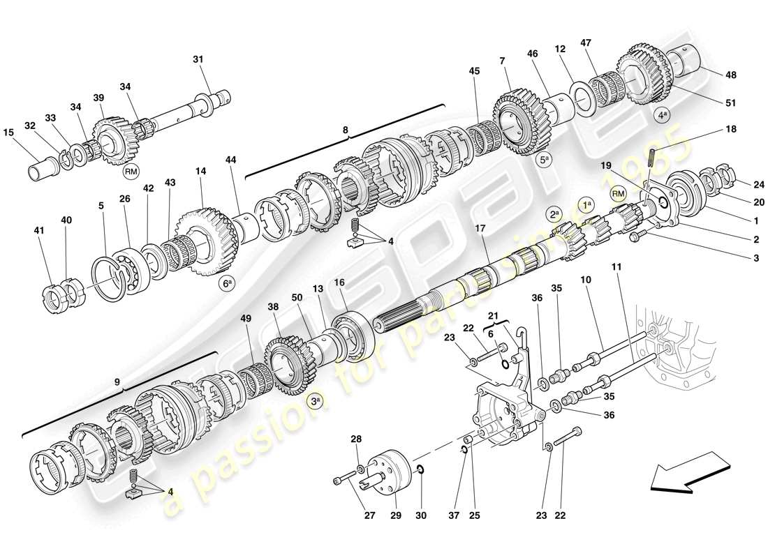 ferrari 599 gto (europe) diagrama de piezas de los engranajes del eje de la caja de cambios primaria y de la bomba de aceite de la caja de cambios