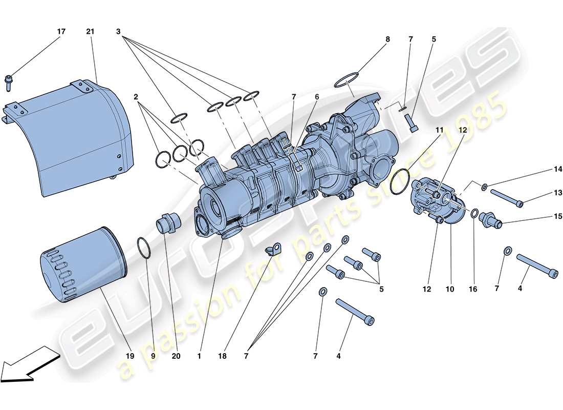 ferrari ff (rhd) enfriamiento - diagrama de piezas de la bomba de agua/aceite