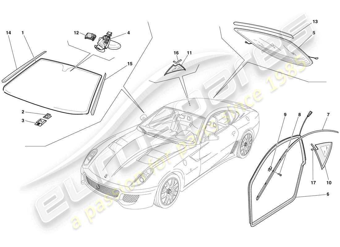 ferrari 599 gto (usa) pantallas, ventanas y juntas diagrama de piezas