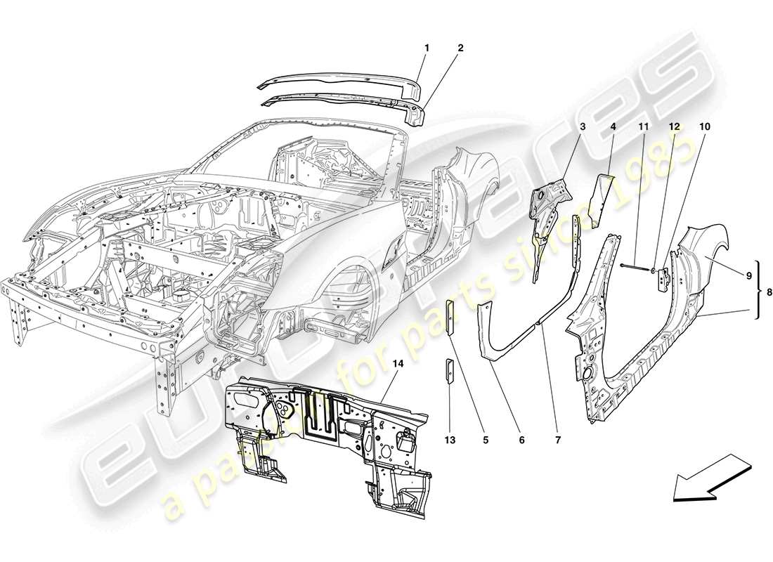 ferrari california (usa) carrocería central y molduras exteriores diagrama de piezas