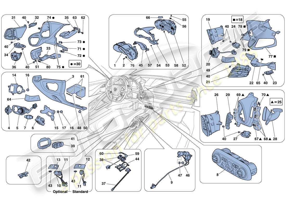 ferrari 458 italia (rhd) instrumentos del tablero y del túnel diagrama de piezas