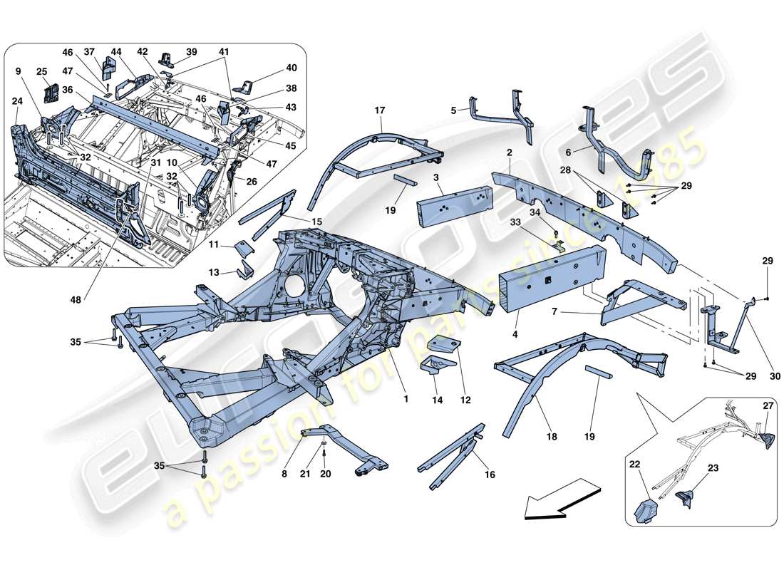 ferrari 458 speciale aperta (rhd) chasis - estructura, elementos traseros y paneles esquema de piezas