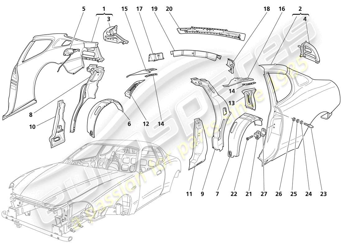 maserati trofeo carrocería - acabados exteriores centrales diagrama de piezas