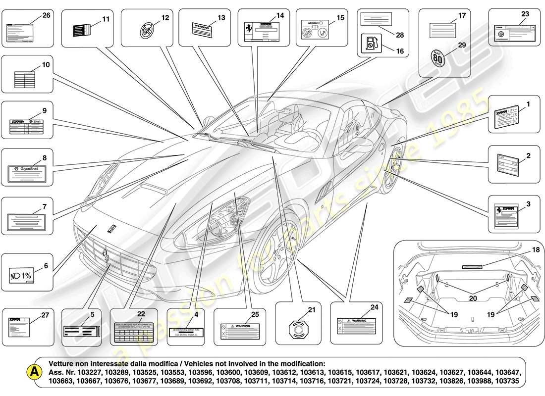 ferrari california (europe) etiquetas y placas adhesivas diagrama de piezas
