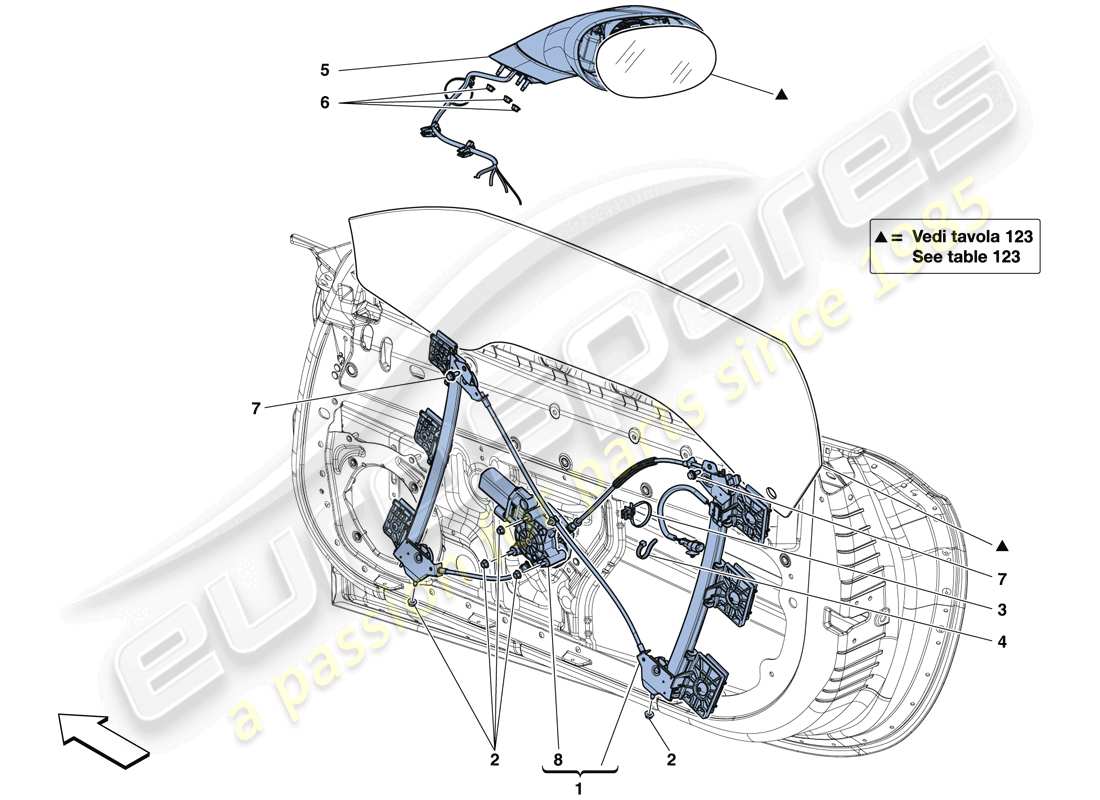 ferrari california t (rhd) puertas - ventana eléctrica y espejo retrovisor diagrama de piezas