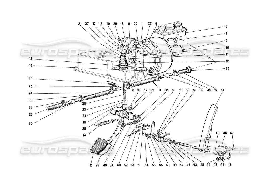 ferrari mondial 8 (1981) diagrama de piezas del sistema hidráulico de frenos y control del acelerador (variantes para versiones con volante a la derecha)