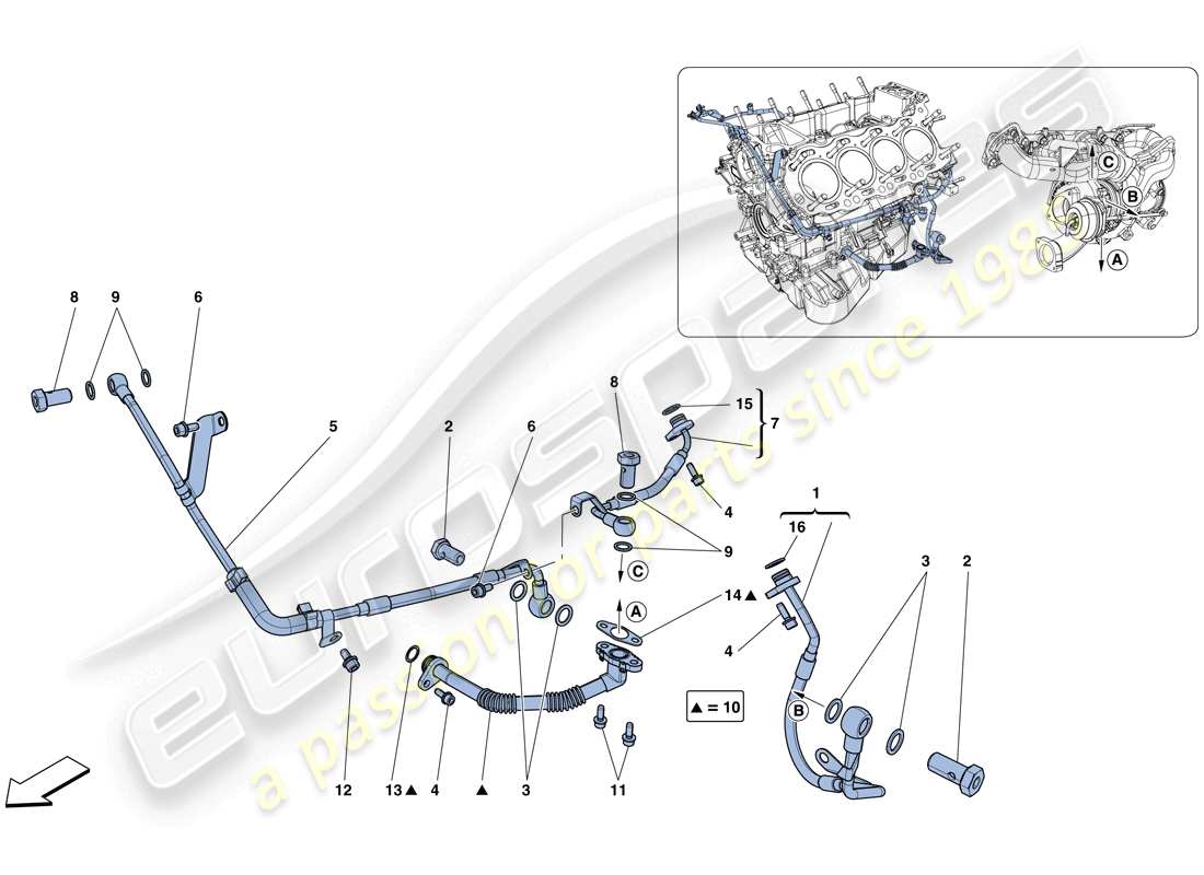 ferrari california t (rhd) enfriamiento-lubricación para sistema de turbocompresor diagrama de piezas